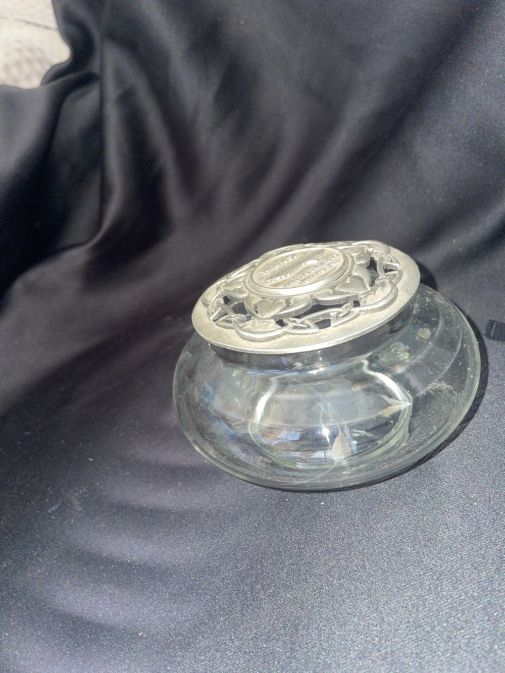 Vintage Clear Glass Jar with Ornate Silver-Tone Lid